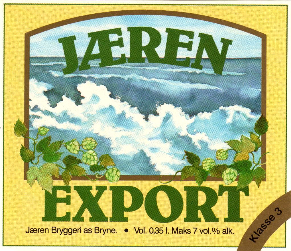 Etikett for eksportøl, med bilde av bølger som slår innover en Jær-strand
