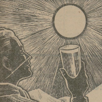 Utsnitt av Hansareklame for påskeøl, som viser en person som skåler mot sola
