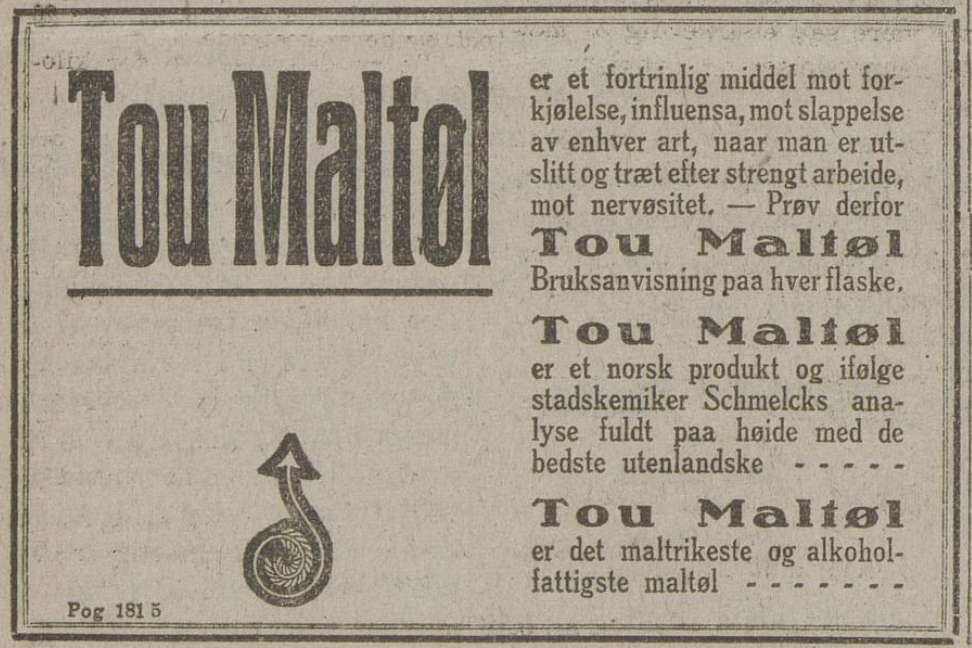 Reklame for Tou Maltøl som beskrives som reneste vidundermedisin