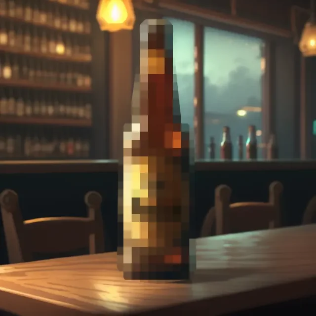 En flaske på et bord i en pub, men flaska er pixelert