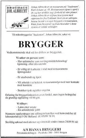 Stillingsannonse fra avis, for brygger hos Studenten Brygghus