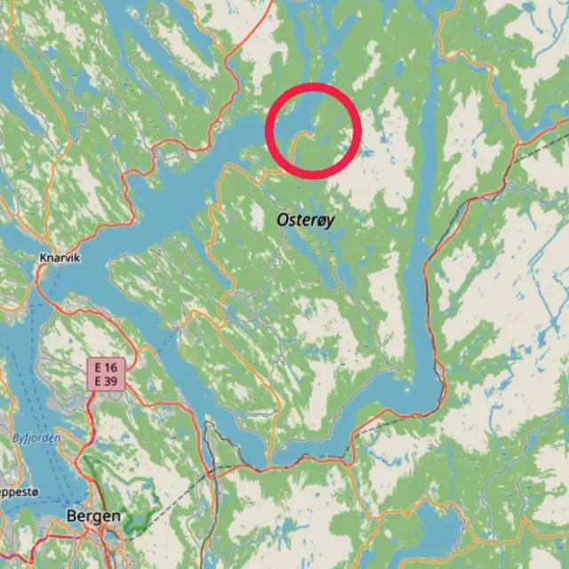 Kart som viser Tøsse Brygghus på Osterøy, i forhold til Bergen