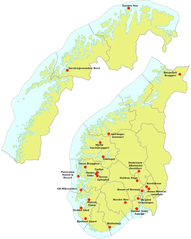 Kart over Norge med de nye tilvirkerne