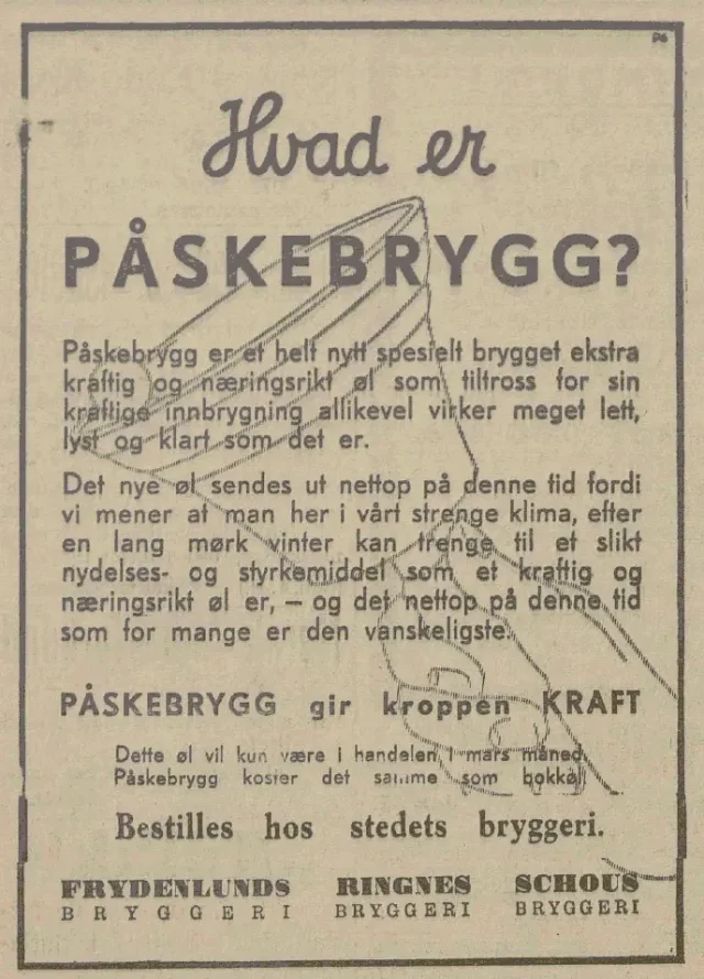 Annonse fra de tre Oslobryggeriene der de beskriver Påskebrygg som øl