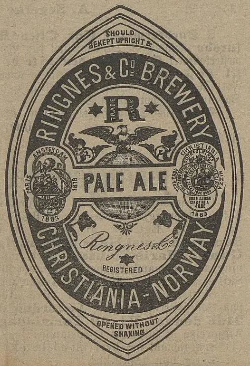 Etikett fra Ringnes Pale Ale ølflaske fra gamle dager