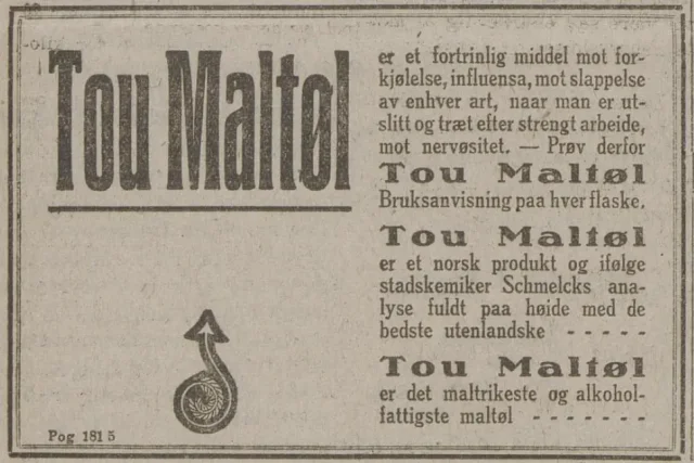 Reklame for Tou Maltøl som beskrives som reneste vidundermedisin