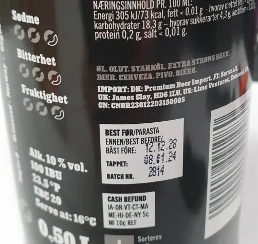 Etiketten på flaske med batch 2814, som viser batchnummer og holdbarhet