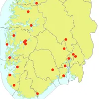 Kart over Sør-Norge der de nye etableringene er markert med røde prikker.